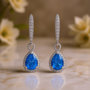 Orecchini Pendenti Classici con Topazio Blu, Montatura a Griffe in Argento 925, Gioielli da Sposa da Donna, Orecchini a Goccia con Cristalli - Product Image 2