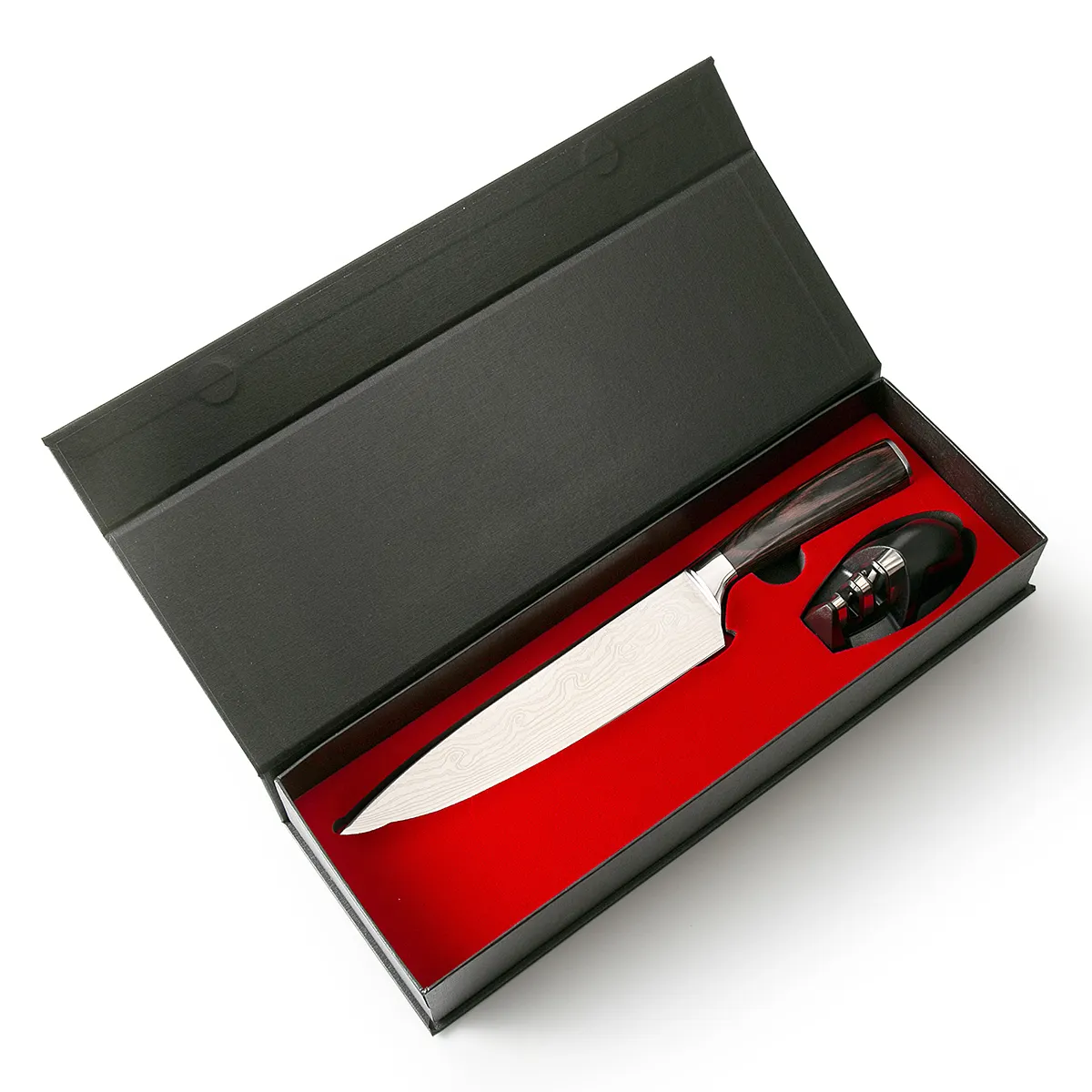 Cuchillo profesional de chef Damasco láser de 8 pulgadas, acero inoxidable 2020, con mini afilador para juego de combinación, paquete de caja de regalo