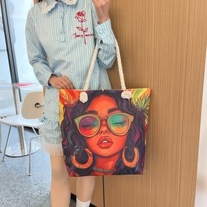 新款批发女式夏季时尚艺术沙滩包轻质厚表带印花牛津材料手提袋 - Product Image 4