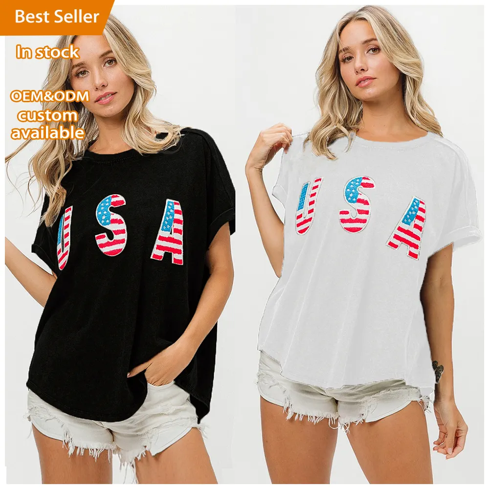 Lovedagear jour de l'indépendance Logo personnalisé été 4 juillet chemisier patriotique USA éponge broderie femmes chemises à paillettes