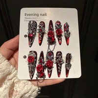 Off-Fire Faux ongles à presser entièrement faits à la main, Nail Art foncé, Style français, Artisanat de haute qualité, Effet sang versé sur les doigts, Photos réelles