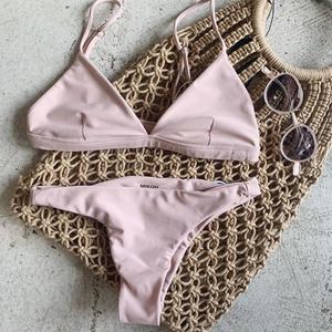 Conjunto de Bikini de Dos Piezas para Mujer, Color Sólido, Texturizado, Triangular, con Lazo, de Secado Rápido, Personalizado, con Tirantes en V, 2025 - Product Image 1