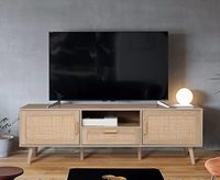 Meuble TV Wenfeng 59 pouces OEM/ODM, console TV 70 pouces faite à la main, portes décorées en rotin, centre de divertissement naturel pour salon