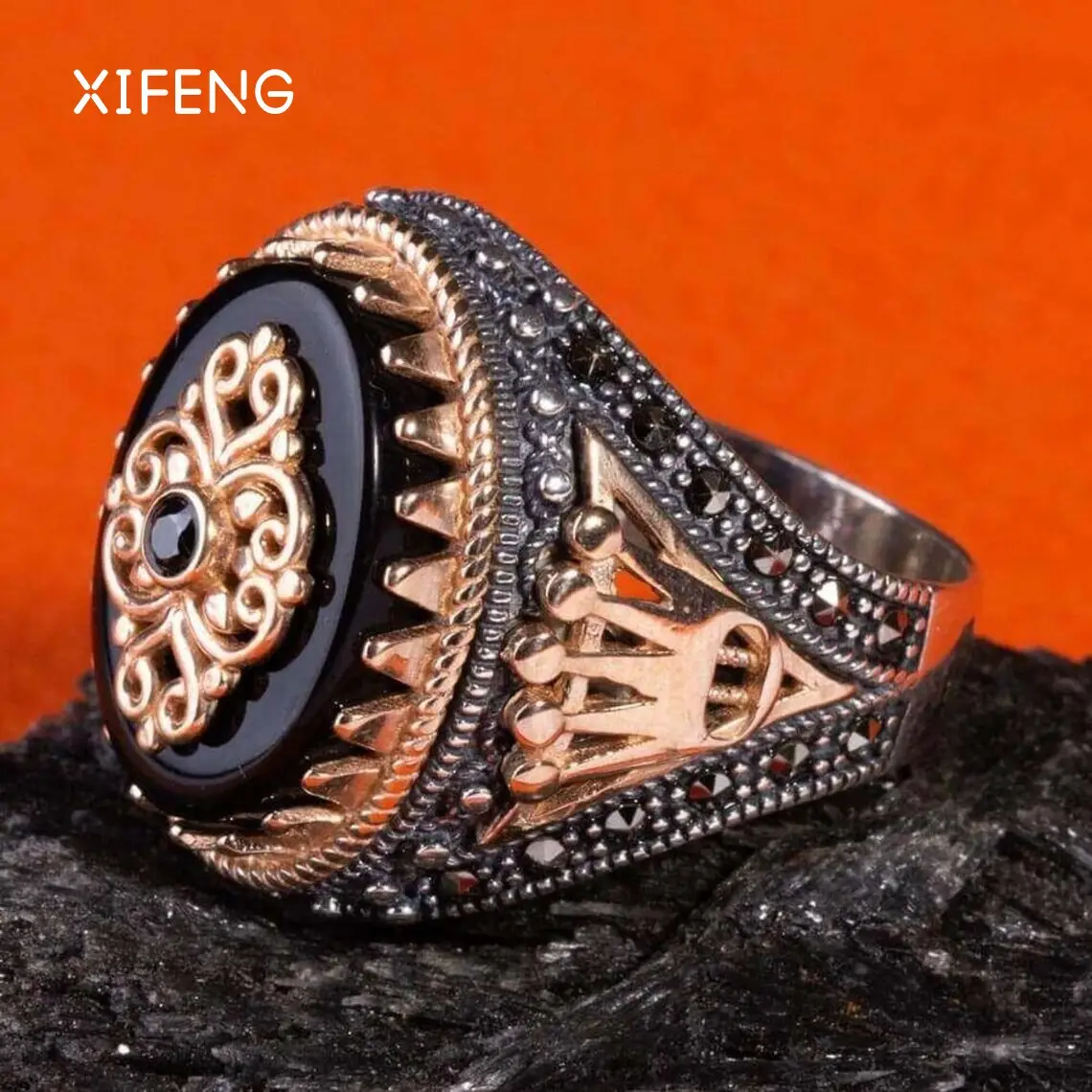 New personality retro Turkish style two-color men's ring Turkish black agate ring jewelry For wedding ring daily wear