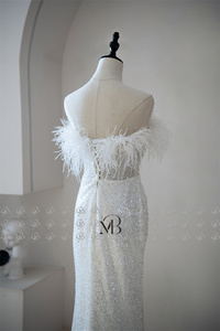 Mily sposa MQW01909 piume di struzzo paillettes festa nuziale sposa da essere abito plissettato abito da sposa - Product Image 4
