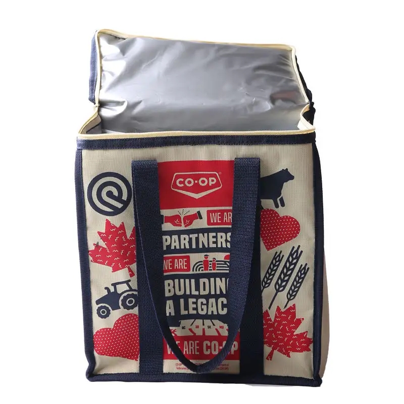 Custom design printed zippered canvas tote cooler bag for picnic
