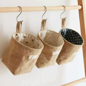 Jute Storage Bag <b>Foldable</b> Linen Organizer <b>Basket</b> Wall Hanging Container for Bathroom Door and Home - Product Image 2