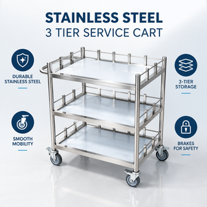 Carrello di Servizio in Acciaio Inox a 3 Ripiani con Ruote Silenziose e Freni, Ringhiera di Protezione per Ristoranti e Cucine - Product Image 2