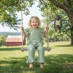 Completo Minimalista in Mussola per <span class=keywords><strong>Bambina</strong></span> 6 12 <span class=keywords><strong>18</strong></span> 24 <span class=keywords><strong>Mesi</strong></span> 2T 3T 4T, Top Estivo con Volant e Pantaloni in Lino - Product Image 3