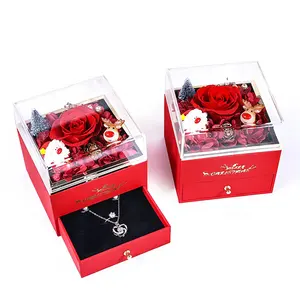 Nova caixa de embalagem de presente de jóias alegre acrílico flor eterna música anel colar brincos