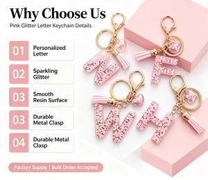 Portachiavi con Lettera Glitterata Rosa, Nappa e Ciondolo a Cuore, Accessorio Personalizzato con Iniziale per Borse e Chiavi - Product Image 4