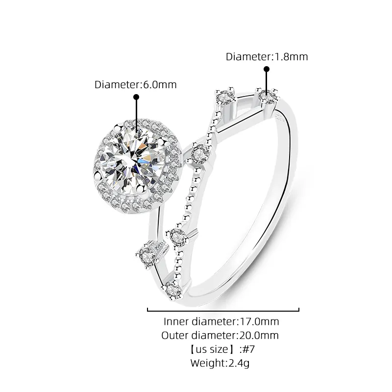 High Quality Romantic Design Rings Jewelry White Zircon Moissanite Ring Silver For Engagement