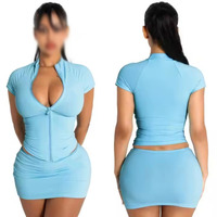 Ensemble de vêtements pour femmes, tendance estivale, couleur unie, fermeture éclair, ajusté, short à manches courtes + jupe, 2 pièces, veste, robe