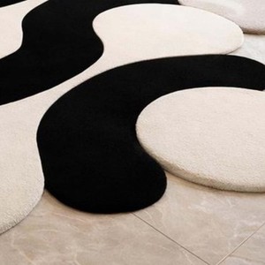 Black White Wool Abstract Area Rug Irregular Shape Hand Tufted Carpet Modern Artistic <b>Floor</b> Mat for Living Room Bedroom Decor - Product Image 3