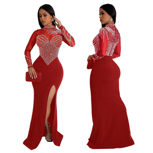 Nuevo estilo europeo, vestido transparente con cuentas, cuello redondo, manga larga y abertura alta para mujer - Product Image 3