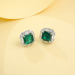 925 Sterling <b>Silver</b> Emerald Cut Lab Created Emerald Halo <b>Stud</b> Earrings - Product Image 4