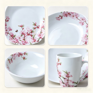 Service de table carré en porcelaine motif fleurs de pêcher – Assiettes, bols et tasses en céramique florale pour cadeau, mariage, maison, repas occidentaux - Product Image 5
