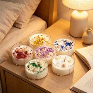 Velas artísticas de cera de soja hechas a mano en frascos de vidrio con conchas marinas y brillantina de colores, estilo elegante, aroma floral, decoración para el hogar. - Product Image 5