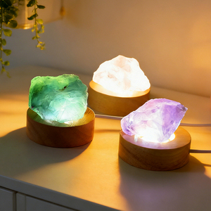 Hot Sale <b>Table</b> Lamp Natural Crystal Rough Stone Light Fluorite Lamp with Wooden Base for Decoration - Product Image 1