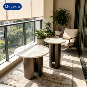 Modern Minimalist <b>Round</b> Marble Side <b>Table</b> Set <b>White</b> Natural Marble Tabletop with Curved Metal Base End <b>Table</b> for Living Room - Product Image 3