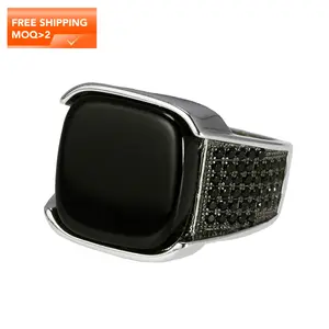 Guaranteed 925 Sterling Silver Rings Antique Turkish Ring Jewellery For Men With Square Black Natural Stones Simple Design