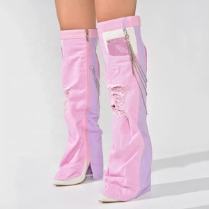 Chain Decor Women Denim Overlay Over Knee High <b>Boots</b> Ladies High Chunky Heels Shoes Patchwork Jeans Pants Long Booties - Product Image 1