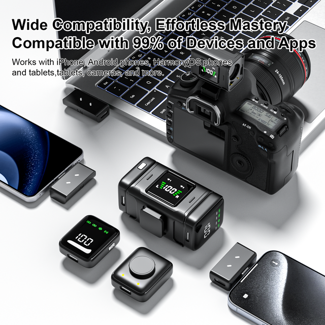 Dual Wireless Lavalier Microphone AI DSP Noise Reduction 60M Transmission Charge While Using for Phone Camera Vlog Live