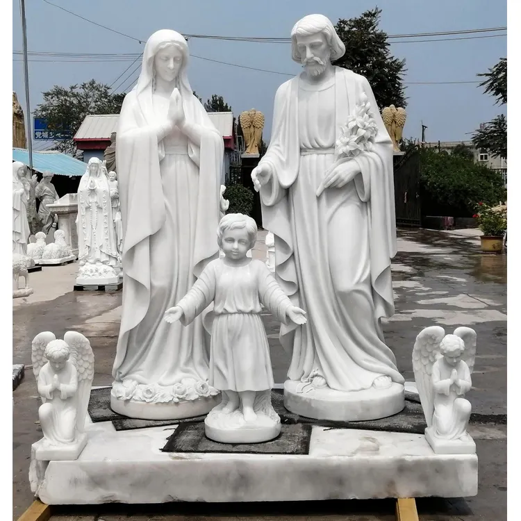 Natuurlijke Wit Marmer Levensgrote Heilige Familie Maagd Maria Joseph En Baby Jesus Standbeelden Voor Kerk Decoratie