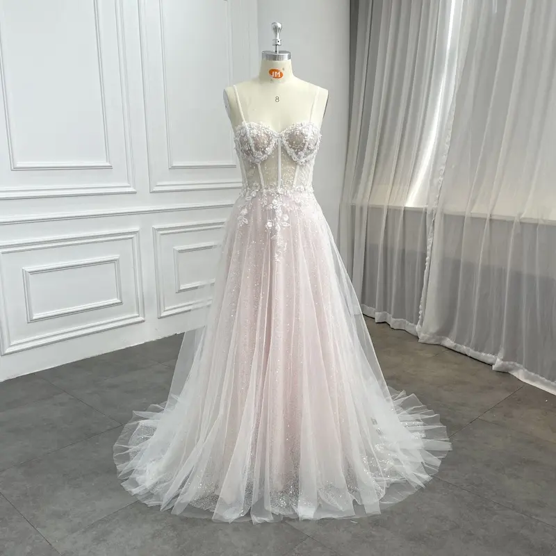 Sparkly Pink Bridal Gown Chic A-line Beading Fabric Sleeveless New Collection Wedding Dresses 2024