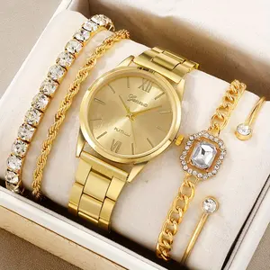 6166 Vrouwen Zakelijk Gouden Quartz Horloge Rome Mode Roestvrij Staal Polshorloge & 4 Stuks Delicate Armbanden Cadeau Set