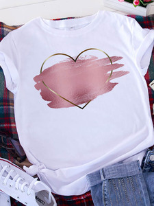 Camiseta de <span class=keywords><strong>Mujer</strong></span> al por Mayor, Personalizada, Veraniega, Popular, con Estampado de Corazón de Dibujos Animados, Juvenil, Hermosa, Moderna, Informal, de Manga Corta - Product Image 4