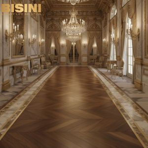 Parquet Chevron en Noyer de Luxe de Qualité Muséale avec Bordure en Marbre Blanc et Liseré en Laiton Façonné à la Main - Product Image 6