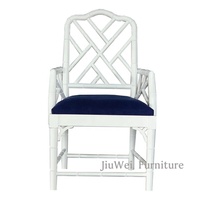 Chaise de salle à manger JiuWei en bois blanc avec dossier en treillis et coussin bleu marine, chaises de salle à manger bleues, tables et chaises de restaurant