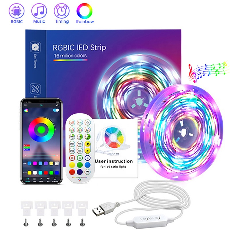 5M 10M RGBIC 스마트 LED 키트 음악 동기화 App 원격 제어 USB 5V Led 스트립 조명 침실 TV PC 백라이트 주변