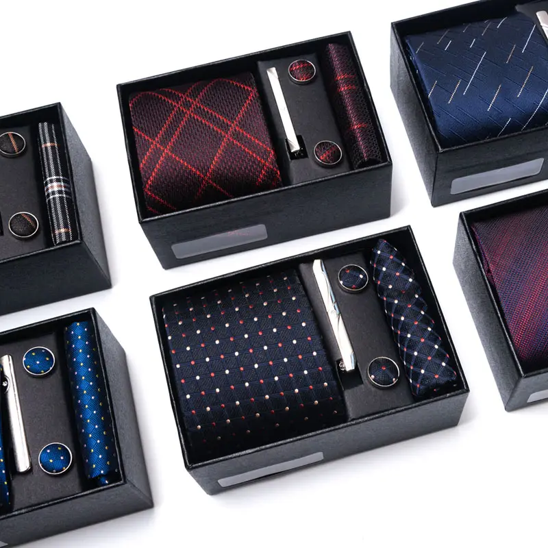 8cm Silk Men Tie Floral Red Blue Neckties for Men Classic Pocket Square Cufflinks Tie Set