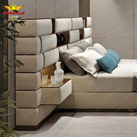 Lit double en tissu moderne de luxe haut de gamme, rembourré en cuir véritable, pour la décoration de chambre à coucher