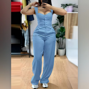 Ensemble 2 pièces élégant pour femme : haut ajusté sans bretelles à manches courtes et pantalon large décontracté – Tendance - Product Image 1