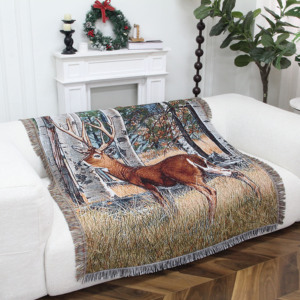 Groothandel op maat gemaakte geweven tapijtdeken met kwastjes, katoen-polyester materiaal, draagbaar, milieuvriendelijk jacquard dekentje - Product Image 3