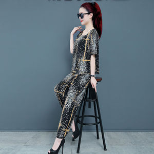 Women's Printed Two Piece Set Black Geometric Pattern Short Sleeve Casual Suit Plus Size Fashion Harem Pants Set 8632 - Product Image 2