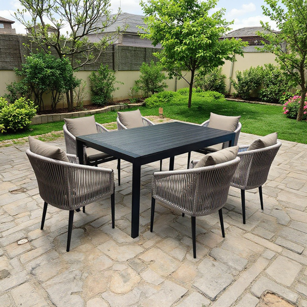 7-Piece Modern Comfortable Garden Outdoor Patio Restaurant Balcony Rectangular Table Rope Chair Dining Set for Hotel Courtyard