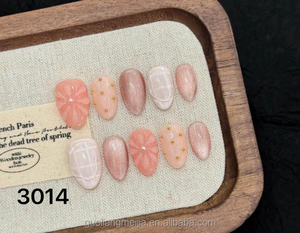 Uñas Postizas Hechas a Mano, Medianas, Almendradas, con Punta Francesa, Diseño de Flores Rosadas en 3D, Uñas Acrílicas para Mujer - Product Image 4