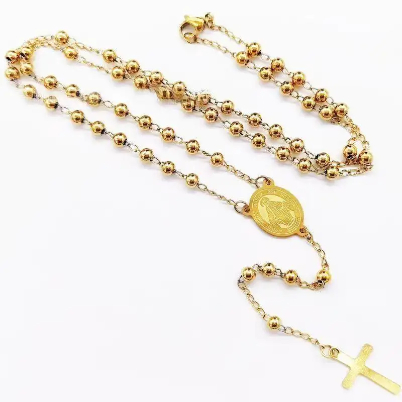 Salib rosario Katolik baja tahan karat 4mm manik-manik perhiasan kalung agama Kristen
