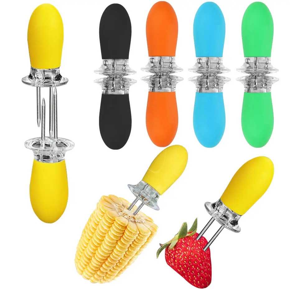 1 Pair Corn Holder Stainless Steel Corn On the Cob Holder BBQ Grill Cob Skewers Fruit Forks Cooking Barbecue Twin Pin Corn Rack