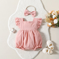 Combinaison sans manches pour bébé fille, combinaison de couleur unie, ensemble bandeau pour cheveux, vêtements pour nouveau-né