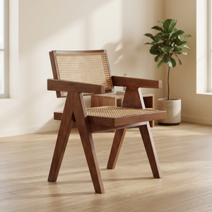 Chaise de salon moderne en bois avec assise et dossier en rotin, design mi-siècle, fabriquée à la main pour l'ameublement de la maison - Product Image 2