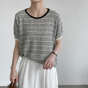 Haut en tricot rayé chic pour l'été, col rond, colorblock, t-shirt ample à <span class=keywords><strong>manches</strong></span> <span class=keywords><strong>courtes</strong></span> pour <span class=keywords><strong>femme</strong></span> - Product Image 1