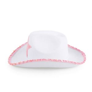 Sombrero de Vaquero Blanco con Lentejuelas Rosas en Forma de Estrella, Correa Ajustable para el Cuello, Accesorio de Disfraz Unisex para Fiestas Temáticas - Product Image 5