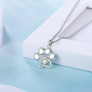 Cute Animal Paw Pendant Necklace 925 Sterling Silver Rhodium Plated Opal Bezel Setting Link Chain Unisex Everyday Wear - Product Image 3