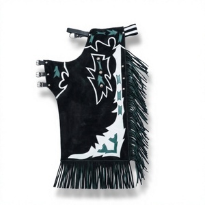 Chaps de Rodeo Personalizados para Montar a Caballo, de Cuero Negro de Primera Calidad con Detalles en Teal y Blanco, Bordados a Mano, con Flecos, Chaleco sin Mangas, Unisex - Product Image 1