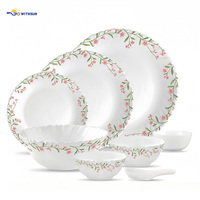 Service de table en verre opale 33 pièces, motif floral rose et vert, assiettes à bord ondulé, bols, cuillères, kit pour la maison, la famille, les repas quotidiens et les fêtes